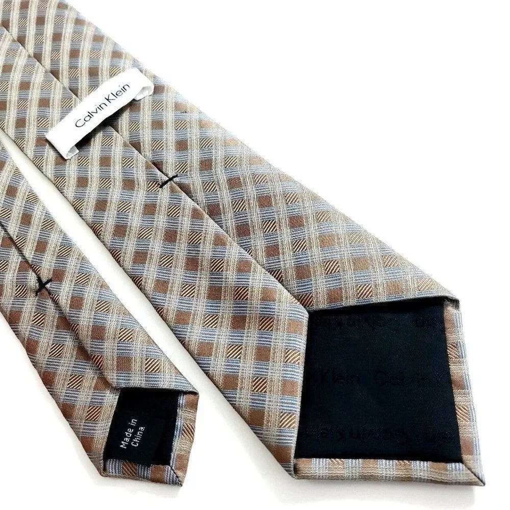Calvin‎ Klein Brown Blue Plaid Woven Silk Tie